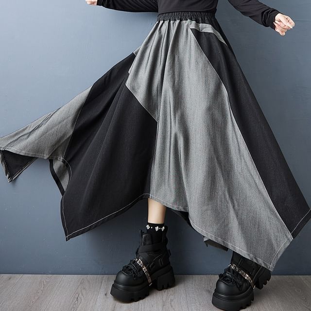 Asymmetric Zip Accent Long Sleeve Blouse & High Waist Paneled Midi A-Line Skirt
