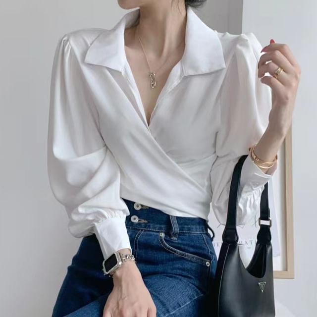 Collared V-Neck Long-Sleeve Plain Wrap Crop Blouse