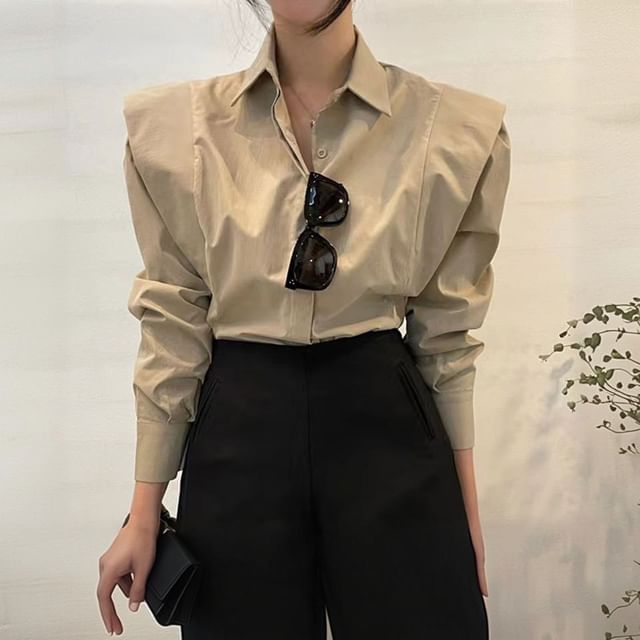 Collared Long-Sleeve Button-Up Plain Blouse