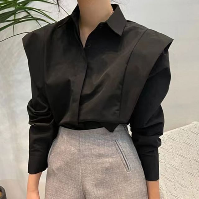 Collared Long-Sleeve Button-Up Plain Blouse