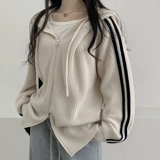 Striped Side Zip-Up Knitted Hoodie