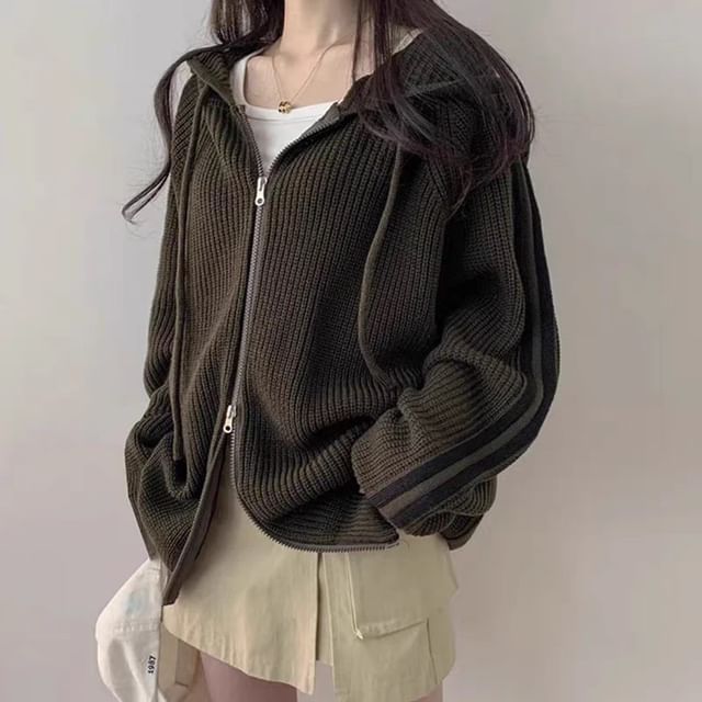 Striped Side Zip-Up Knitted Hoodie