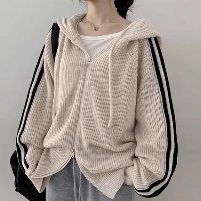 Striped Side Zip-Up Knitted Hoodie