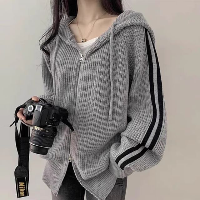 Striped Side Zip-Up Knitted Hoodie
