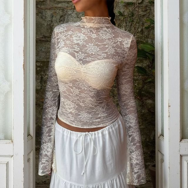 Mock Neck Lace See-Through Slim-Fit Long Sleeve Top
