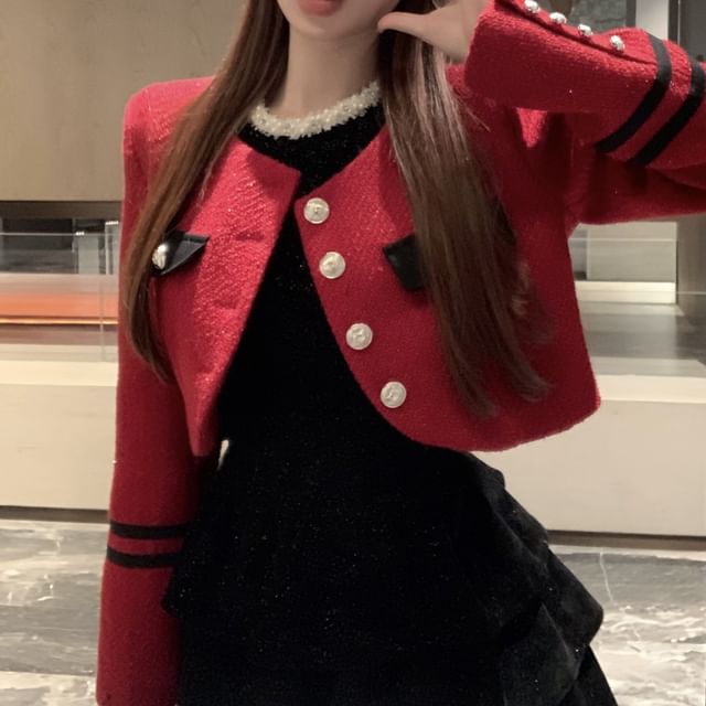 Tweed Button-Up Jacket / Long-Sleeve Sequined Ruffled Mini A-Line Layered Velvet Dress