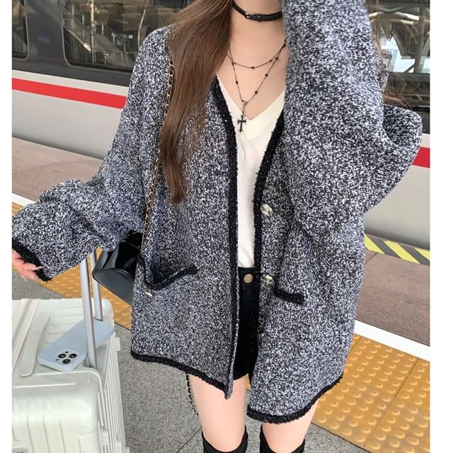 V-Neck Button-Up Tweed Jacket