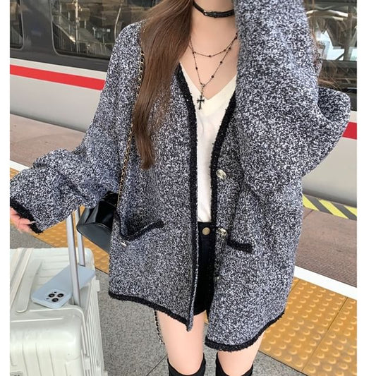 V-Neck Button-Up Tweed Jacket