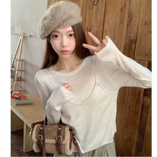 Mock Two-Piece Long Sleeve Crewneck Solid Knit Top