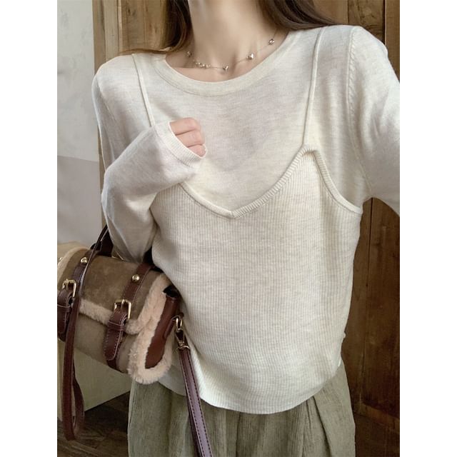 Mock Two-Piece Long Sleeve Crewneck Solid Knit Top