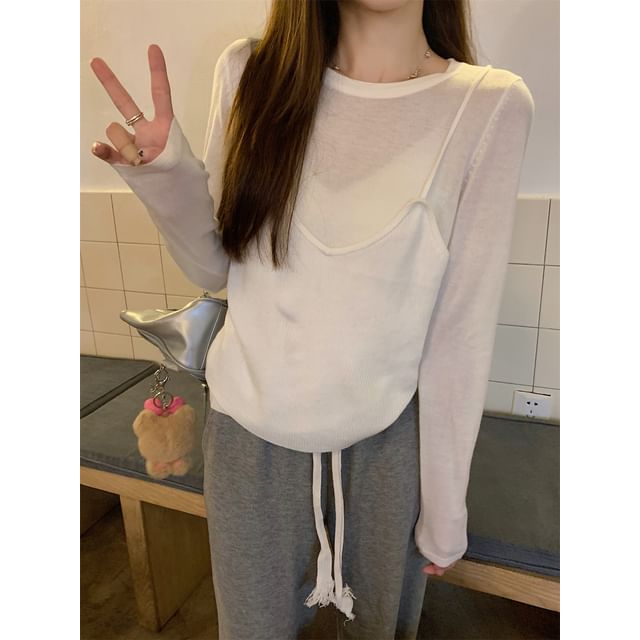Mock Two-Piece Long Sleeve Crewneck Solid Knit Top