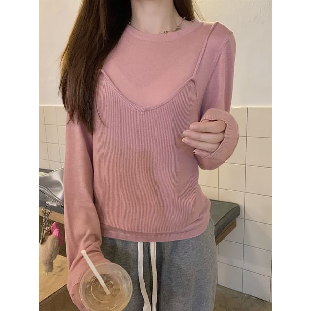 Mock Two-Piece Long Sleeve Crewneck Solid Knit Top