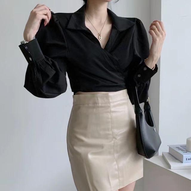 Collared V-Neck Long-Sleeve Plain Wrap Crop Blouse