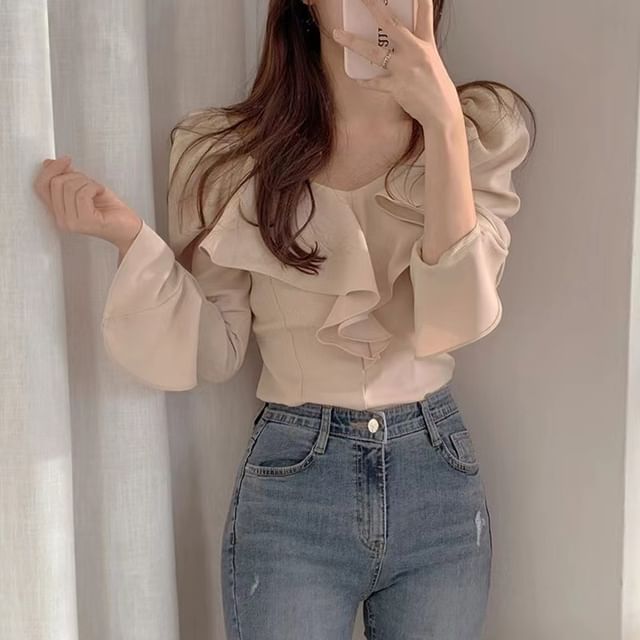 V-Neck Long-Sleeve Plain Ruffle-Trim Blouse