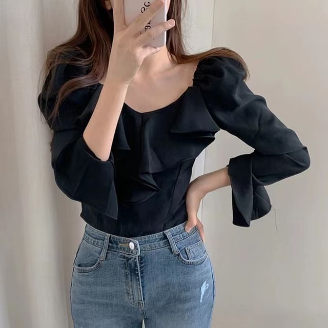 V-Neck Long-Sleeve Plain Ruffle-Trim Blouse
