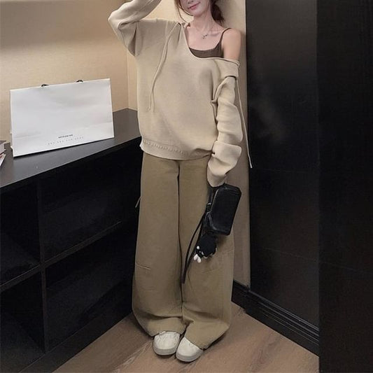 V-Neck Plain Drawstring Sweater / Lace Trim Cami Top / High Rise Baggy Cargo Pants