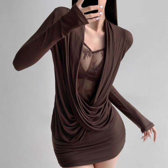 Long Sleeve V-Neck Solid Draped Panel Lace Top