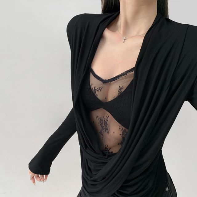 Long Sleeve V-Neck Solid Draped Panel Lace Top