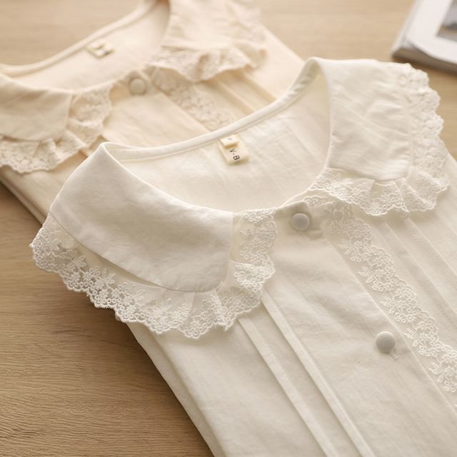Collared Long-Sleeve Plain Lace-Trim Pintuck Blouse