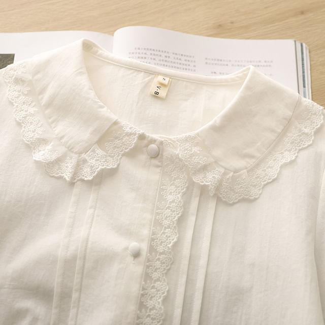 Collared Long-Sleeve Plain Lace-Trim Pintuck Blouse