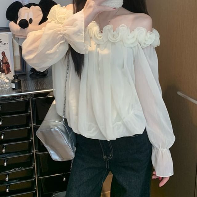 Off-Shoulder Solid Blouse with Flower Accent Long Sleeve