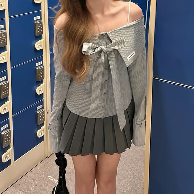 Striped Off-Shoulder Bow Slim Fit Long-Sleeve Blouse