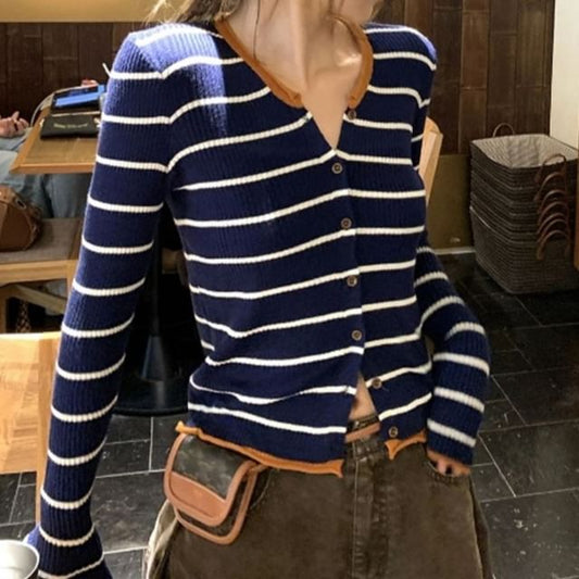 Notch Neck Striped Button Knit Top with Long Sleeves
