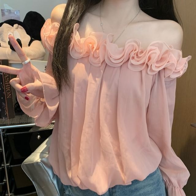 Off-Shoulder Solid Blouse with Flower Accent Long Sleeve