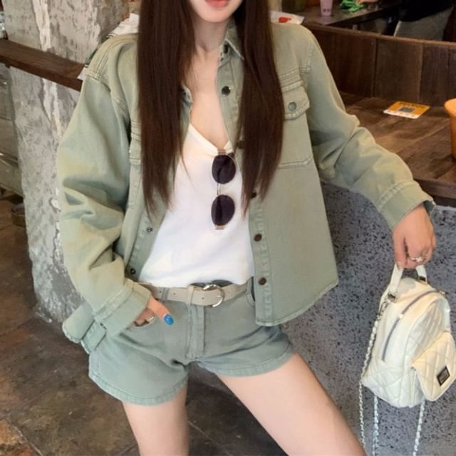 Long-Sleeve Collared Washed Denim Button Shirt / High Waist Washed Denim Shorts with Belt