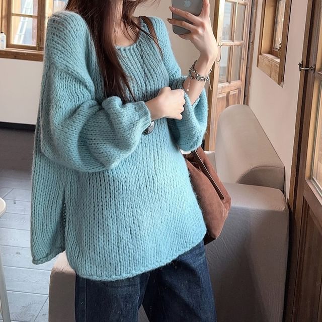 Oversized Sweater with V-Neck and Solid Pattern