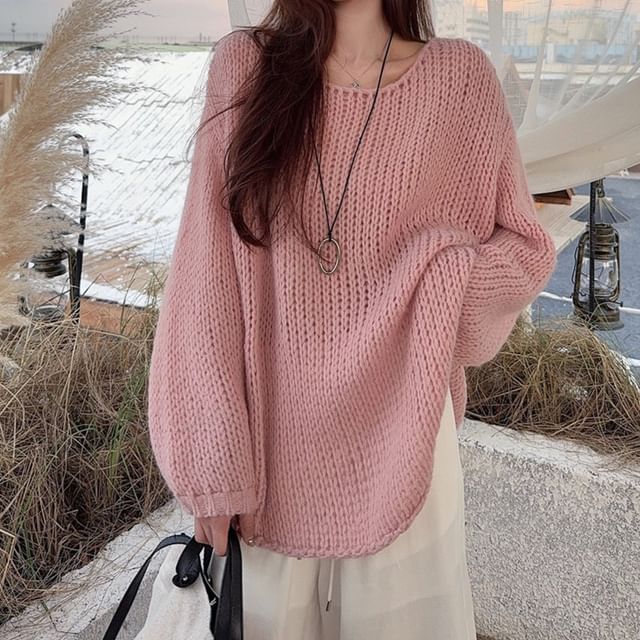 Oversized Sweater with V-Neck and Solid Pattern