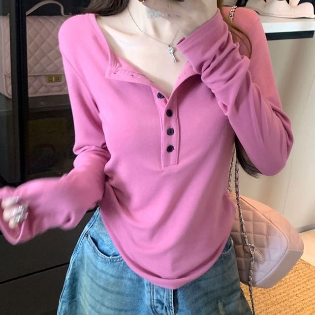 Round Neck Henley T-Shirt with Long Sleeves, Solid Pattern