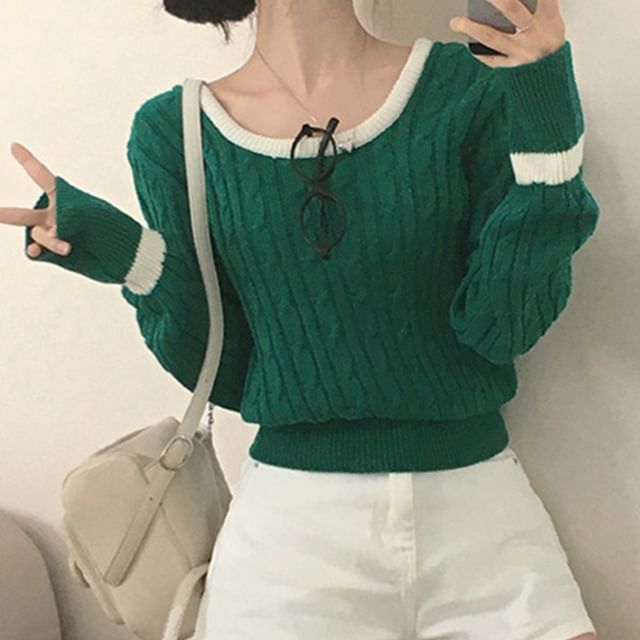 Cable Knit Scoop Neck Sweater with Contrast Trim