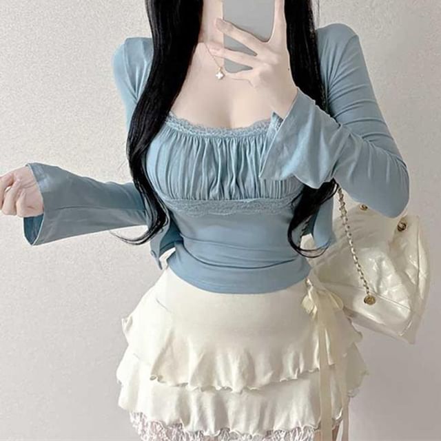 Lace Trim Ruched Scoop Neck Crop Cami & Cardigan Set