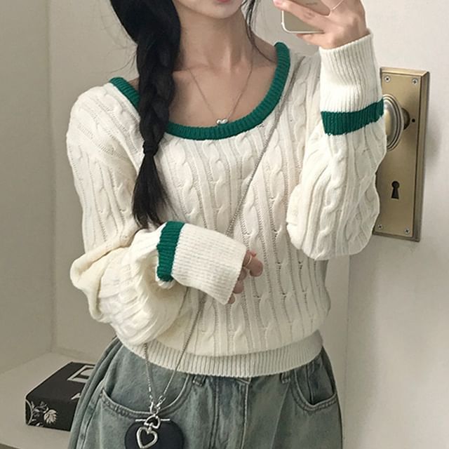 Cable Knit Scoop Neck Sweater with Contrast Trim