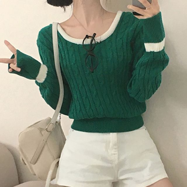 Cable Knit Scoop Neck Sweater with Contrast Trim