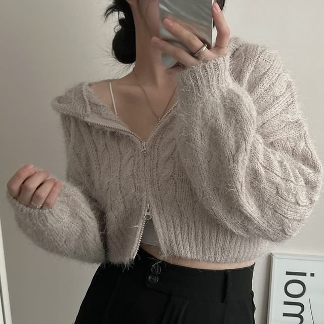 Cable Knit Zip-Front Cropped Hoodie in Solid Color