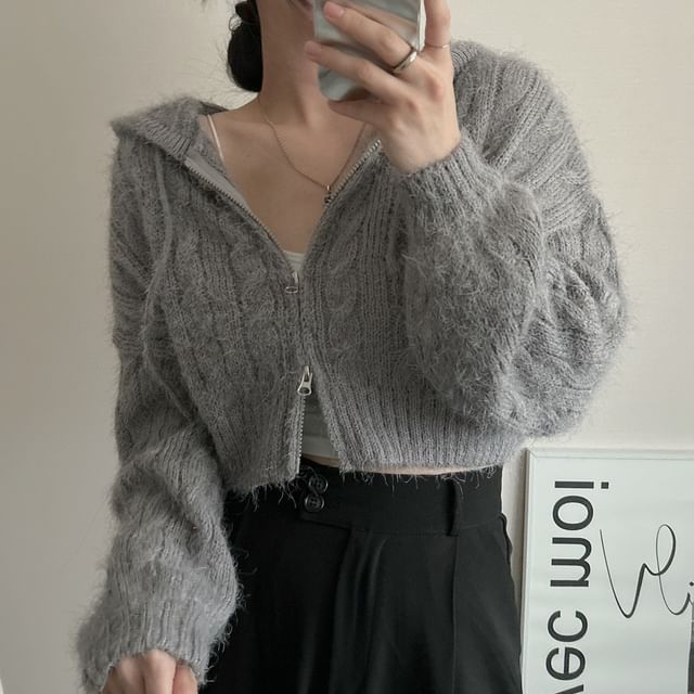 Cable Knit Zip-Front Cropped Hoodie in Solid Color