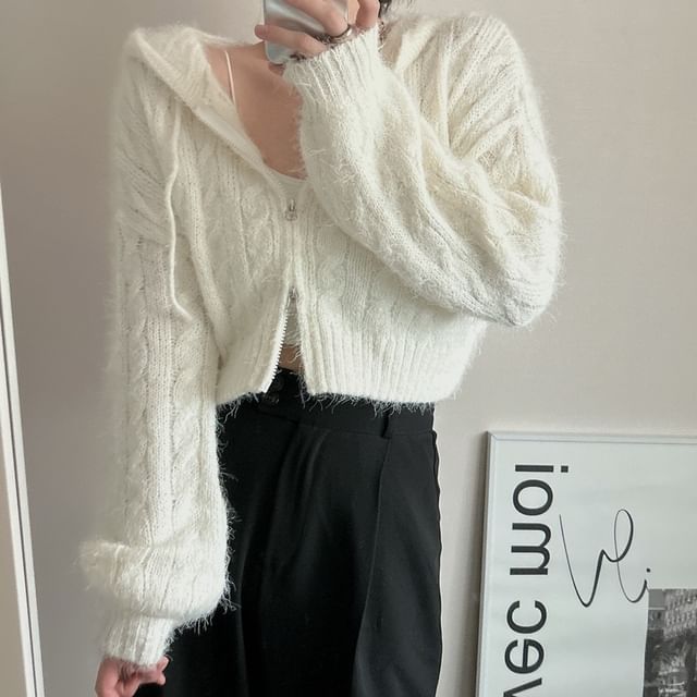 Cable Knit Zip-Front Cropped Hoodie in Solid Color