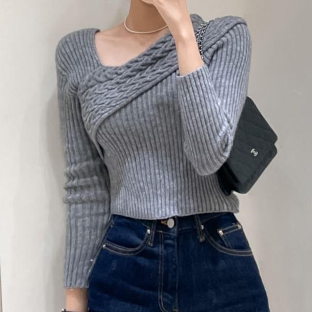 Off-Shoulder Asymmetrical Cable Knit Crop Top Long Sleeve
