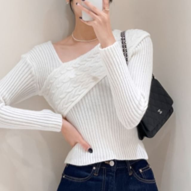 Off-Shoulder Asymmetrical Cable Knit Crop Top Long Sleeve