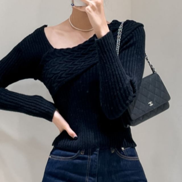 Off-Shoulder Asymmetrical Cable Knit Crop Top Long Sleeve