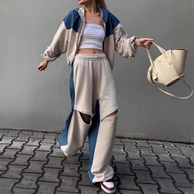 Two-Tone Zip-Up Hoodie & Button-Up Baggy Pants Set