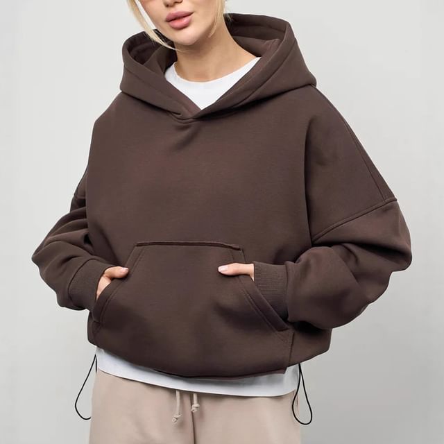 Drop-Shoulder Plain Pocket-Detail Hoodie