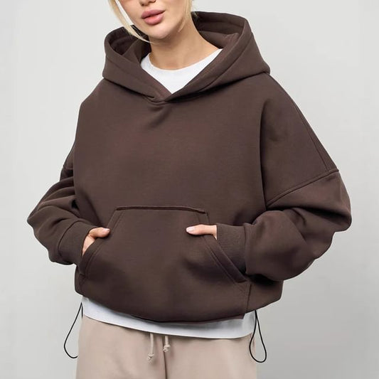 Drop-Shoulder Plain Pocket-Detail Hoodie