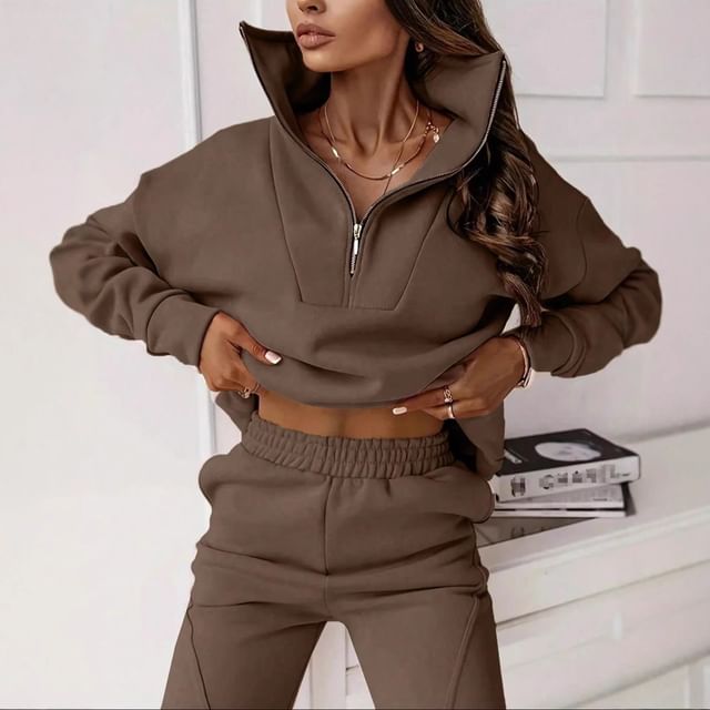 Half-Zip Plain Pullover & Elastic-Waist Harem Pants Set
