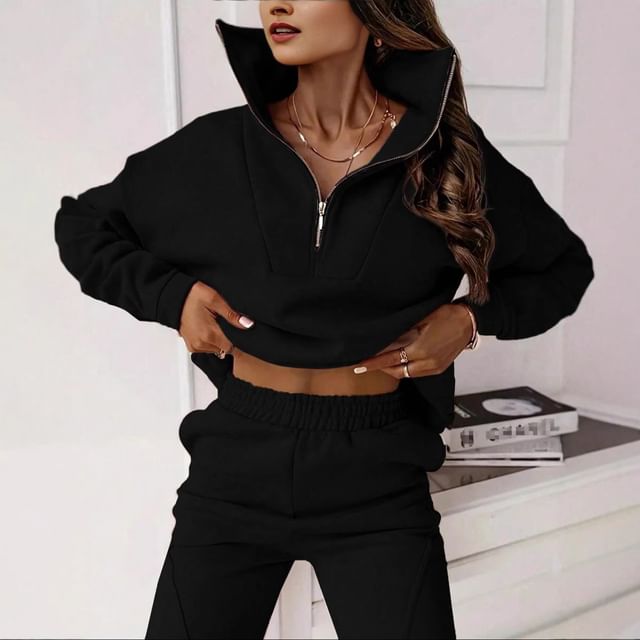 Half-Zip Plain Pullover & Elastic-Waist Harem Pants Set