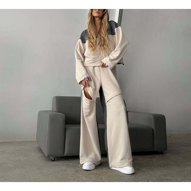 Two-Tone Zip-Up Hoodie & Button-Up Baggy Pants Set