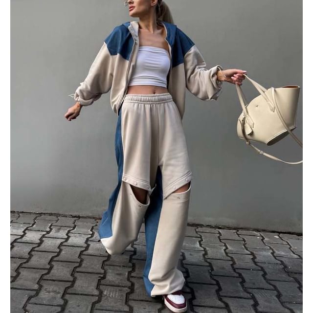 Two-Tone Zip-Up Hoodie & Button-Up Baggy Pants Set