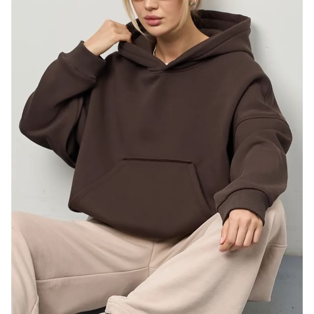 Drop-Shoulder Plain Pocket-Detail Hoodie